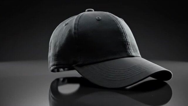 Seamless loop abstract presentation of a perfect blank black baseball cap spinning quickly 360 degrees in isolation on a gradient dark surface digital, background, display