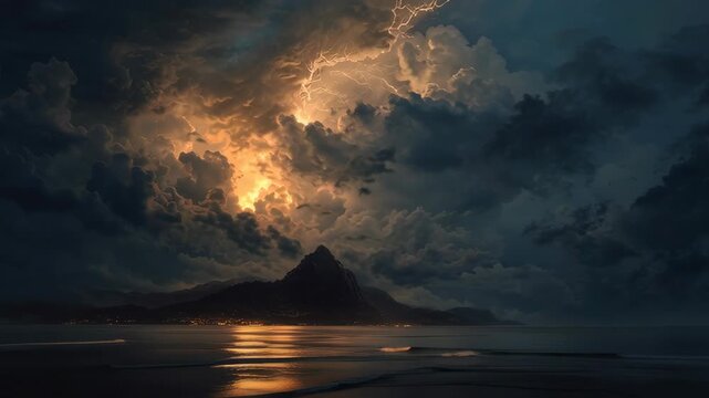 Dramatic lightning storm over mountain with stormy clouds and reflective water, capturing natural weather phenomena and atmospheric intensity