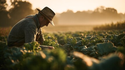 Fototapeta premium Farmer Working in Field at Sunset.
