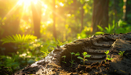 Fototapeta premium New green plants sprout from old tree stump in forest at sunrise