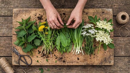 Flat Lay of Hands Sorting Diverse Wild Foraged Herbs into Categories on Rustic Weathered Wooden Board