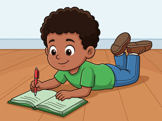 A young child excitedly writing in a notebook while lying on the floor, representing education, creativity, and the joy of learning, ideal for school and children's themes.