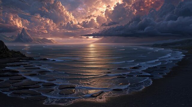 Majestic Ocean Sunset with Dramatic Cloudscape and Mountain Silhouette at Dusk, Capturing Nature s Power and Tranquility for Landscape and Nature Photography