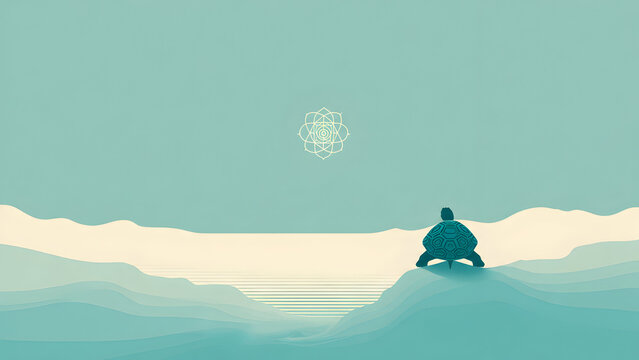 Minimalist Digital Illustration of a Turtle on Ocean Waves with Spiritual Symbol and Geometric Design for Cultural and Religious Themes