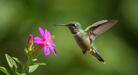 Hummingbird feeding on vibrant pink flower