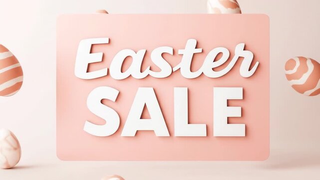 Light pink sign with white letters "Easter sale" surrounded by floating Easter eggs on a light background