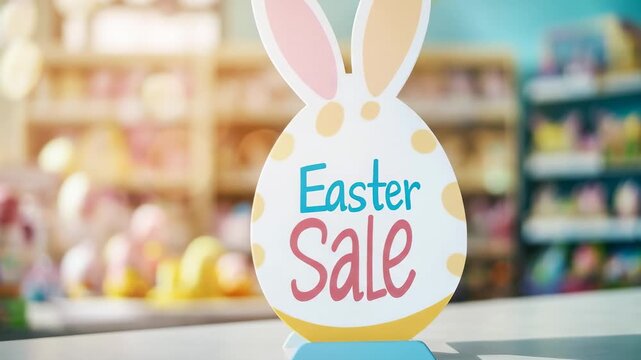 Easter Sale bunny-shaped sign on counter in bright blurred retail store. Holiday promotion, discount, spring marketing campaigns