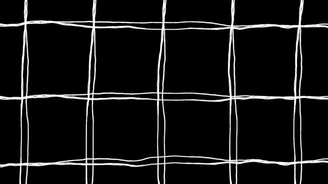 不規則な格子柄の落書き線画イラスト。線が動く手描きの背景動画。ループする4Kアニメーション。黒背景に白いペンでフリーハンドで描いた絵のデコレーションスタンプ