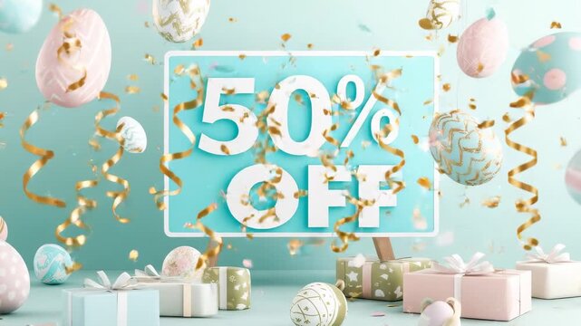 Light blue sign with white letters "50% off" surrounded by floating gifts and Easter eggs on light background