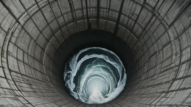 water vortex in circular concrete spillway shaft, top-down view