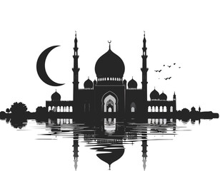 Majestic Mosque Under Moonlight: A silhouetted mosque stands against a moonlit sky, its reflection mirrored in the tranquil water below, showcasing architectural beauty and cultural significance. © Anik