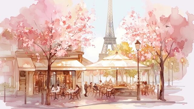 Visitors enjoy a spring day at a cafe with blossoms and the Eiffel Tower in Paris