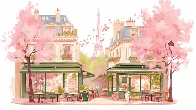 Charming neighborhood in Paris with cafes and blooming cherry trees in springtime, featuring the Eiffel Tower in the background