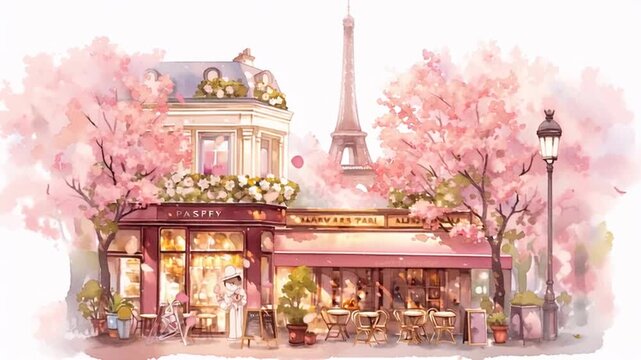 Paris cafe scene under cherry blossom trees with the Eiffel Tower in the background during springtime