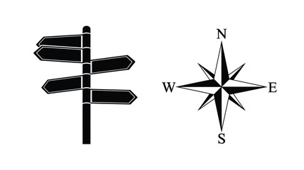 Directional signpost and compass rose in a stark black silhouette © MDShawon