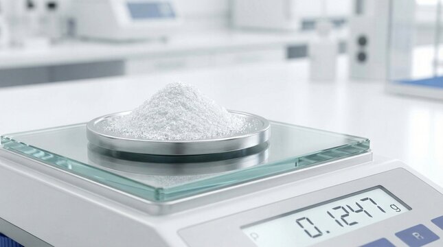 A precise digital scale displays 0 1247 grams of white powder on a metal dish