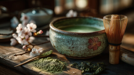 Traditional Japanese matcha tea set with ceramic bowl and bamboo whisk on wooden table, scattered green tea powder, soft morning sunlight, authentic Kyoto atmosphere