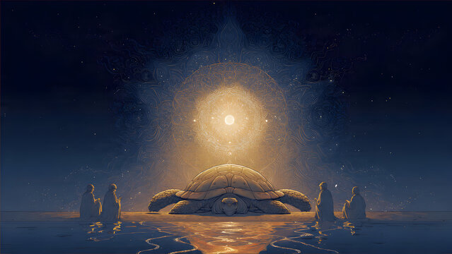 Sacred Turtle Avatar of Lord Vishnu in Meditation with Divine Light and Cosmic Energy in a Spiritual Night Scene