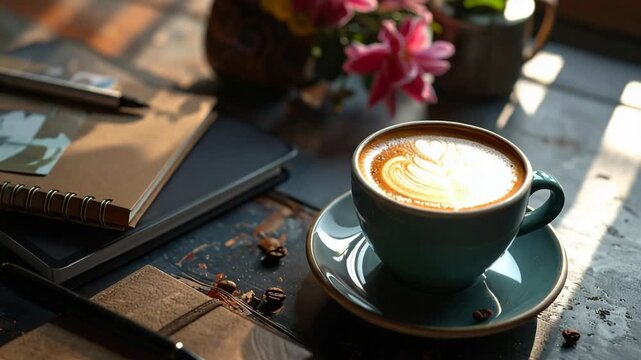 Cozy morning coffee with latte art, notebooks, and pen on a wooden table