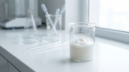 A beaker of white cream sits on a laboratory bench with scientific equipment in the background