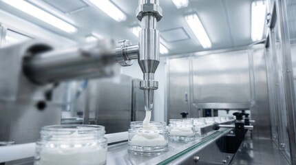 Automated filling machine dispensing white cream into glass jars on a conveyor belt