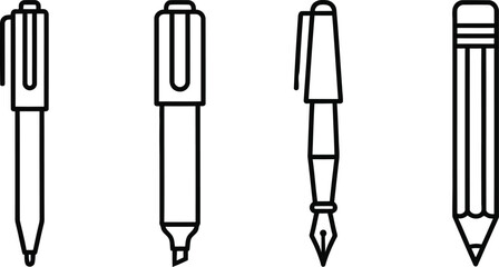 Fototapeta premium Writing instruments pen and pencil collection line art icon set 
