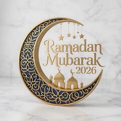 Ramadan Mubarak 2026 Ornate Blue And Gold Crescent Moon With Islamic Design