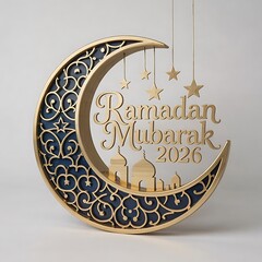 Ramadan Mubarak 2026 Blue And Gold Crescent Moon With Mosque Design