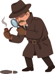Fototapeta premium A classic detective equipped with a trench coat examines a clue while holding a magnifying glass and pipe, evoking intrigue, mystery, and the art of sleuthing.