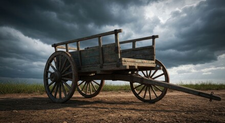Fototapeta premium Old wooden cart sits alone under a stormy sky