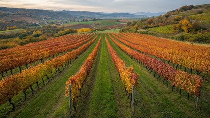 Fototapeta premium Birds Eye View of a Vineyard in Autumn with Rows of Grapevines and Colorful Foliage