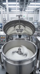 Industrial stainless steel mixer with open lid processing a white substance