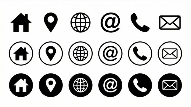 "Black and white contact icons, solid and outline styles, circular frames, clean modern interface design."