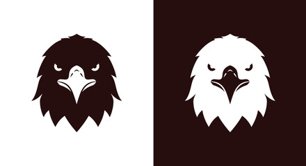 Obraz premium A fierce and majestic graphic illustration of an eagle's head with a sharp beak and intense eyes, presented in a solid dark brown against white and crisp white against a dark brown background, symboli