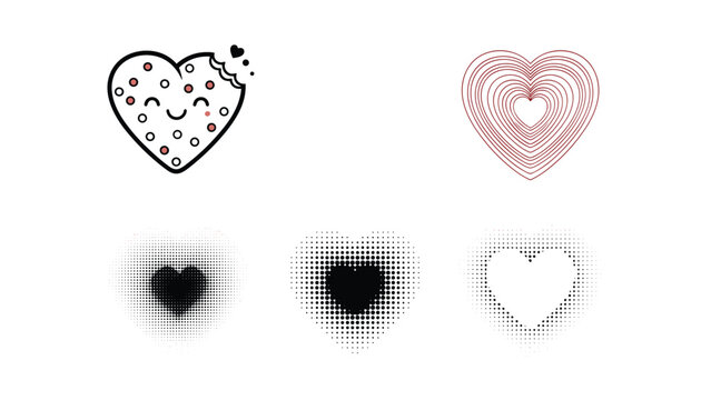 Diverse set of five creative heart graphics featuring a cute cookie character, linear layers, and artistic halftone patterns.