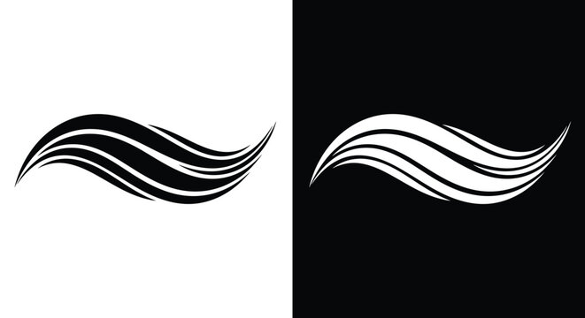 A dynamic and abstract graphic illustration composed of multiple curving, parallel lines forming an energetic wave or flowing motion, depicted in bold black on white and crisp white on black backgroun