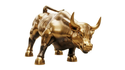 Golden bull statue stands in a powerful, charging pose, cut out, stock png, isolated on transparent background