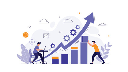 Fototapeta premium Successful business growth and financial success concept with people characters building a bar chart with an arrow.