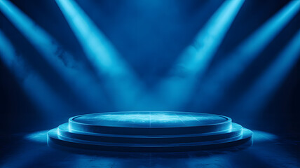 Obraz premium A bright blue circular stage with spotlights shining down in a dark room
