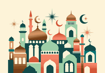 Modern flat design of Islamic mosques, minarets, crescent moons, and stars