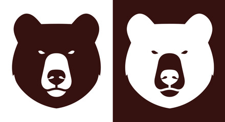 Naklejka premium Two distinct, stylized bear head logos, one in rich brown on a white background and the other in white on a brown background, showcasing strength and nature in a clean, modern design.