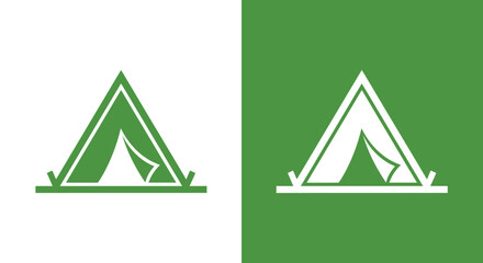 A simple, stylized A-frame tent icon, displayed in green on a white background and white on a green background, symbolizing camping, adventure, and the great outdoors. © Fezi