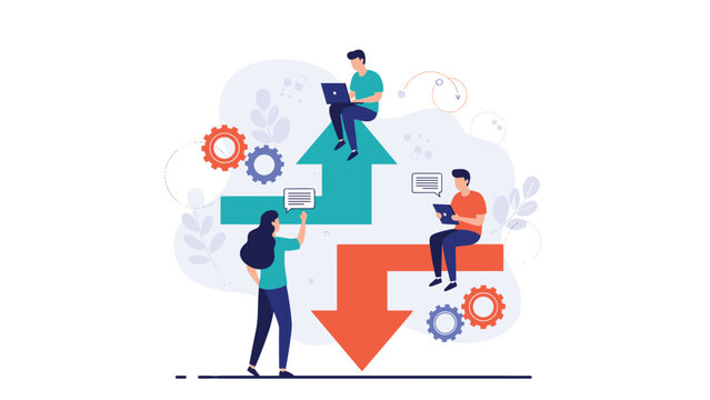 Business strategy and success concept with people characters moving along giant arrows and generating ideas.
