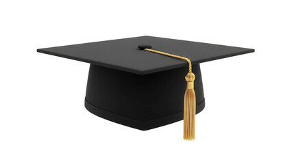 Classic black graduation cap with bright gold tassel symbolizes academic success, cut out, stock png, isolated on transparent background