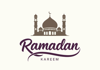 Ramadan Kareem greeting with mosque silhouette and Islamic pattern background