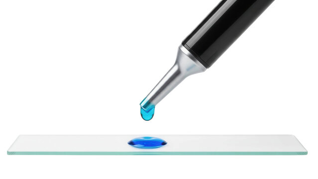 Dropper dispensing blue liquid drop onto microscope slide, cut out, stock png, isolated on transparent background