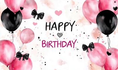 Watercolor Happy Birthday Card with Pink and Black Balloons, Hearts and Bows on White Background
