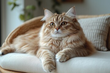 Fluffy Ginger Cat Resting on Sofa in Cozy Home Interior with Natural Light and Calm Mood