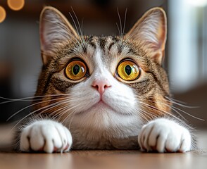 Curious tabby cat with golden eyes lying on floor in close-up portrait