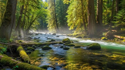 Obraz premium Sunlight filtering through a lush forest canopy illuminating a pristine river valley